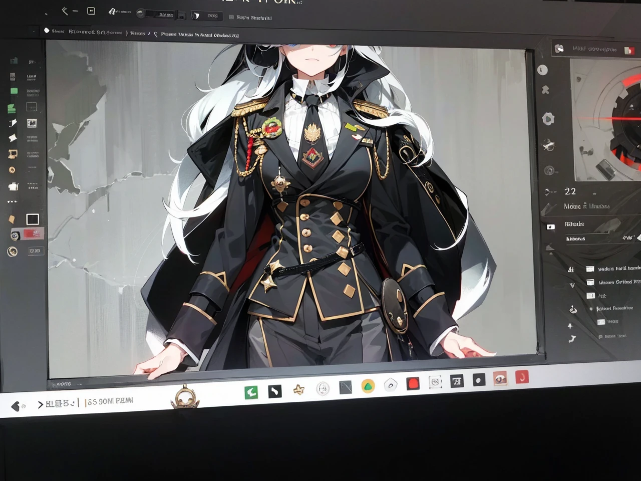 a millitary general with black and white hair, a red and green clockwork eyes.