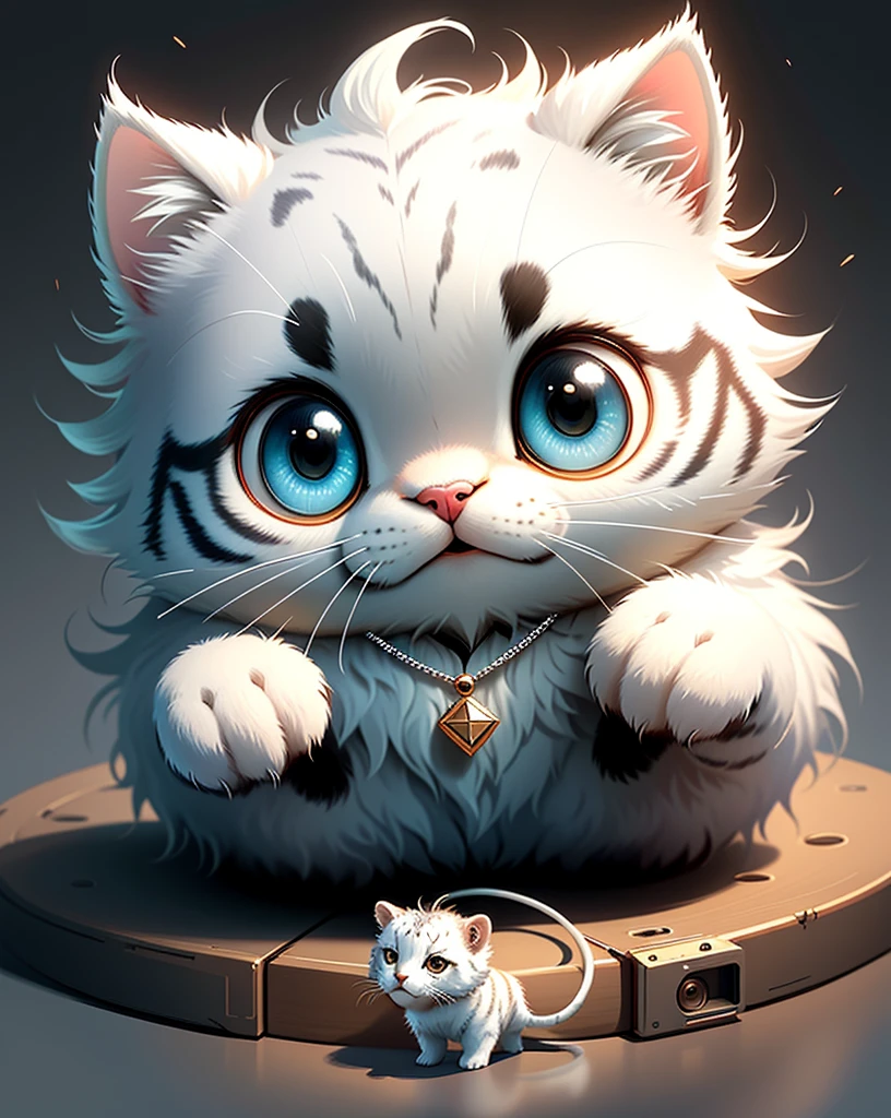 Wearing a necklace、With eyes of different colors、Small and surreal cute white tiger, Little, Lovely and fluffy, Logo Design, comics, Cinematic Lighting Effects, Charm, 3D vector art, Cute and quirky, Fantasy art, Bokeh, Written by hand, Digital Painting, Soft lighting, isometric style, 4K resolution, Photorealistic Rendering, Very Detailed and Clean, Vector Image, A photorealistic masterpiece, Professional photography, Simple space background, Flat white background, isometric, vivid vector,Handwritten style