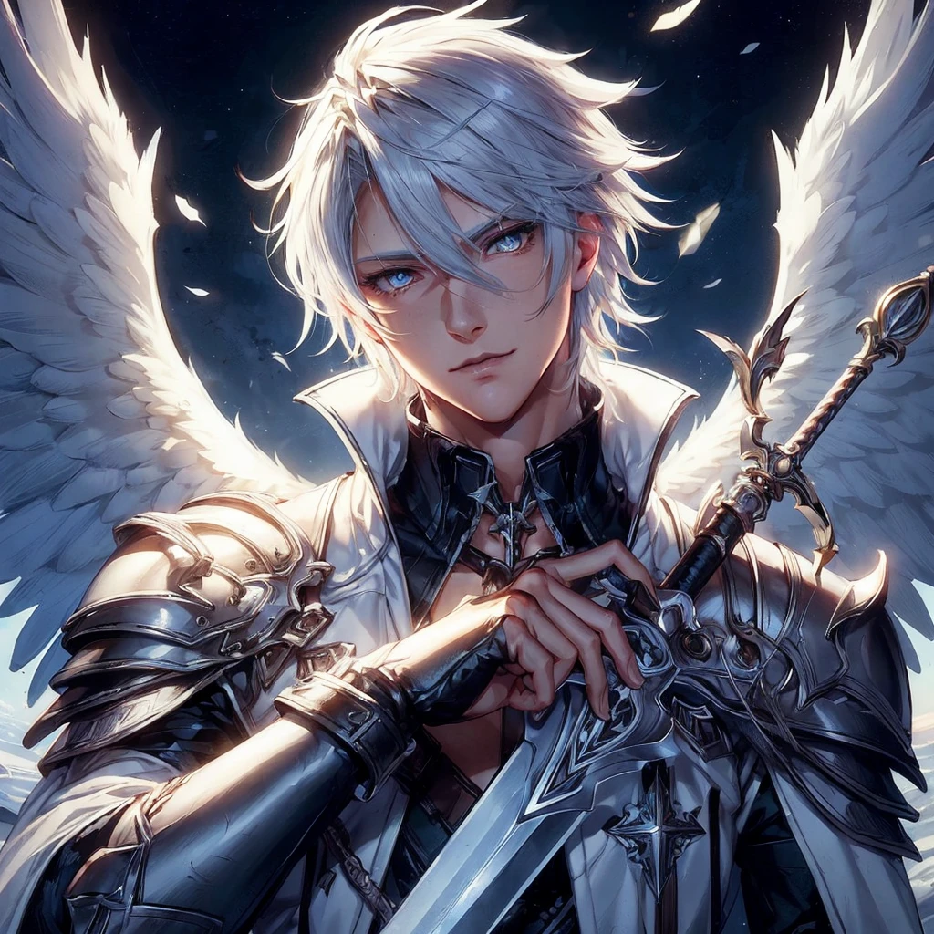 Highly detailed, High Quality, Masterpiece, beautiful,I want an image of a man with white hair and skin, who is attractive and has two angel wings and medieval armor and a long sword. I also want the eyes to be more detailed and the hair looks good. I want it short.