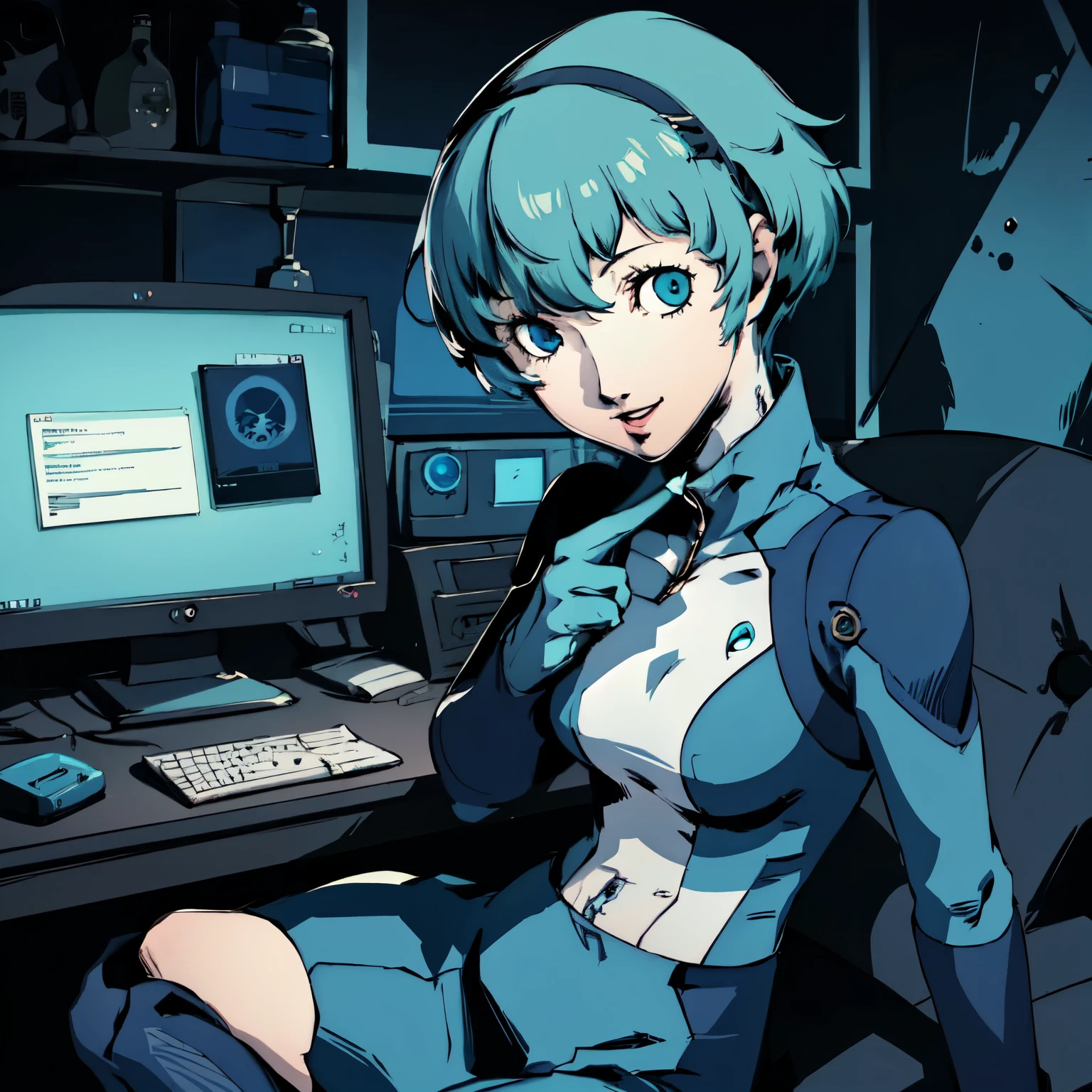 ((P3 Yamagishi Fuuka)),masterpiece, ((best quality)),((1 girl)), blue eyes, light aqua hair, female , tomboy Pixie haircut, deep blue suit,smiling,hacker,in the,dark room,sitting,looking monitor,long skirt,sexy,
