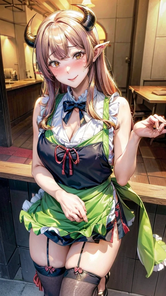 (Masterpiece, Best Quality, photograph-realistic), (Innocent Anime Demon Queen, Adorable, Cute, Lovely Young Lady), (Cheerful Expressions), (1 girl, slim and fit demon queen), (Medium Perky Breasts, Figure), (Cute Revealing Sexy apron, Lime Green with Golden Trim), (Loose Fitting, Short Hemline), (Walking, Lakeside), (Fishnet Stockings, Golden Heels), (Wings, Devilish Tail), (Shy and Blushing Demon Girl), (Embarrassed, Blushing Cheeks), (Golden Eyes, Pointed Ears), (