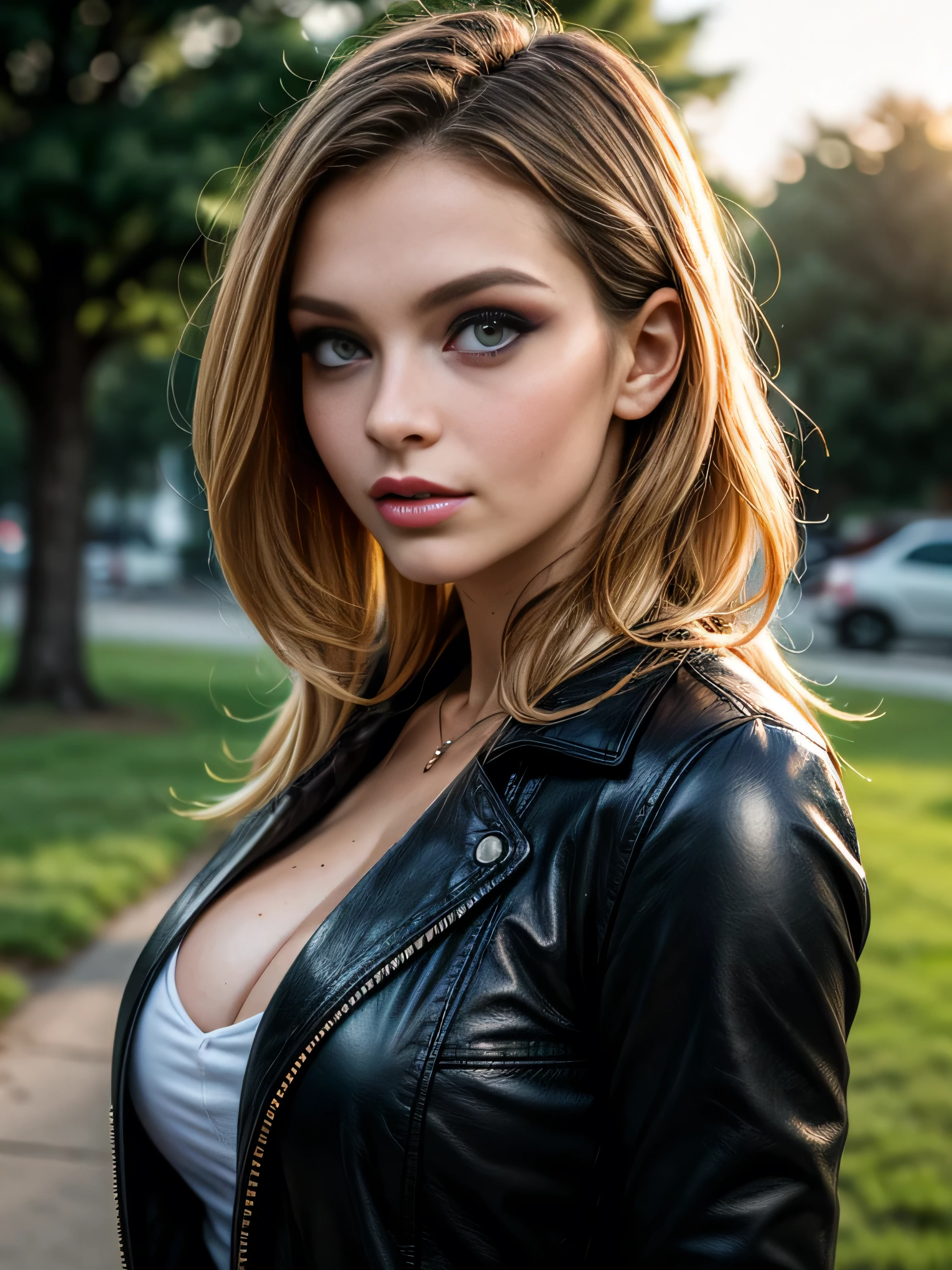 (masterpiece, photorealistic:1.4, extremely intricate:1.3, radiosity, photon mapping, dtx), ((20 year old muscular supermodel, ((25 years old), serious, long eyelashes, makeup:1.3), black leather trench coat, cleavage t-shirt, ((((chrome rivets)), side view:0.8)))), ((([skin detail:freckles:0.7], portrait, closeup))), outdoor, park, faraway lake, professional photograph, (long curly [blonde hair:orange hair:0.2], wind), BREAK ((sunset), bokeh, blurry background), BREAK, ((([medium breasts:large breasts:0.9])))