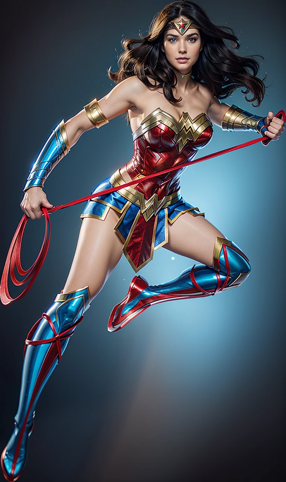 The character Wonder Woman flying in the skies, perfect costume, soft curves, bright blue eyes and gorgeous 