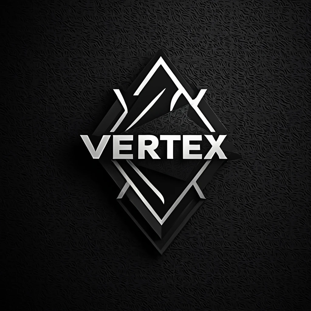 logomkrdsxl,an edgy logo 3D patterns with vertex , vector, text "vertex", best quality, masterpiece, brand, dark background,