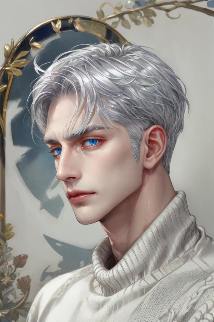 Boy, silver hair, blue eyes, serious sharp features, white skin, shiny lips, handsome, perfect, sweater