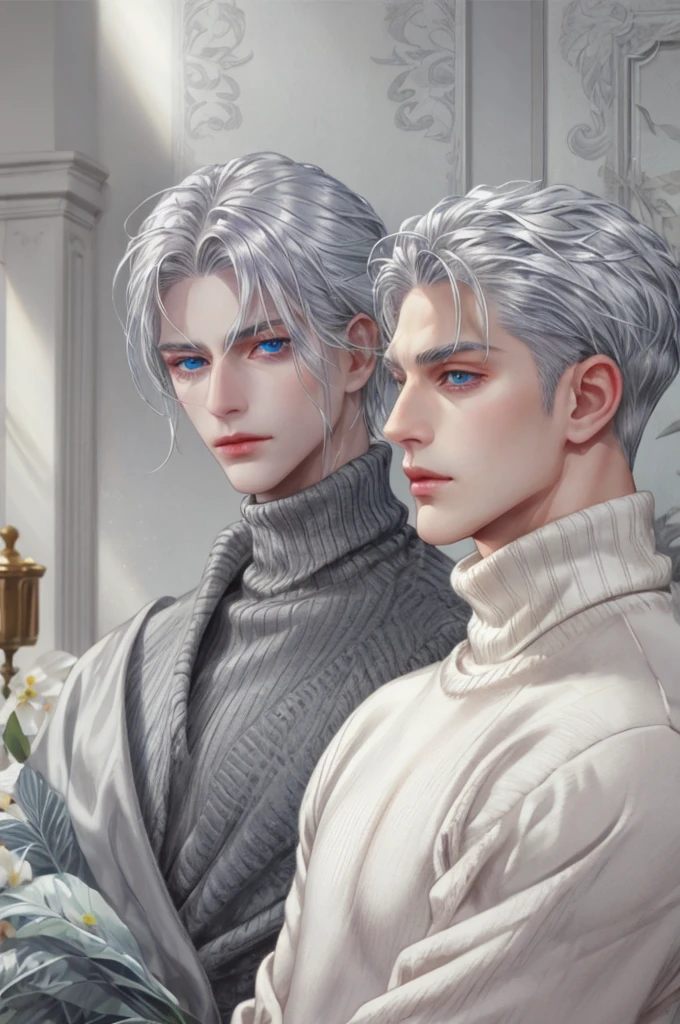 Boy, silver hair, blue eyes, serious sharp features, white skin, shiny lips, handsome, perfect, sweater