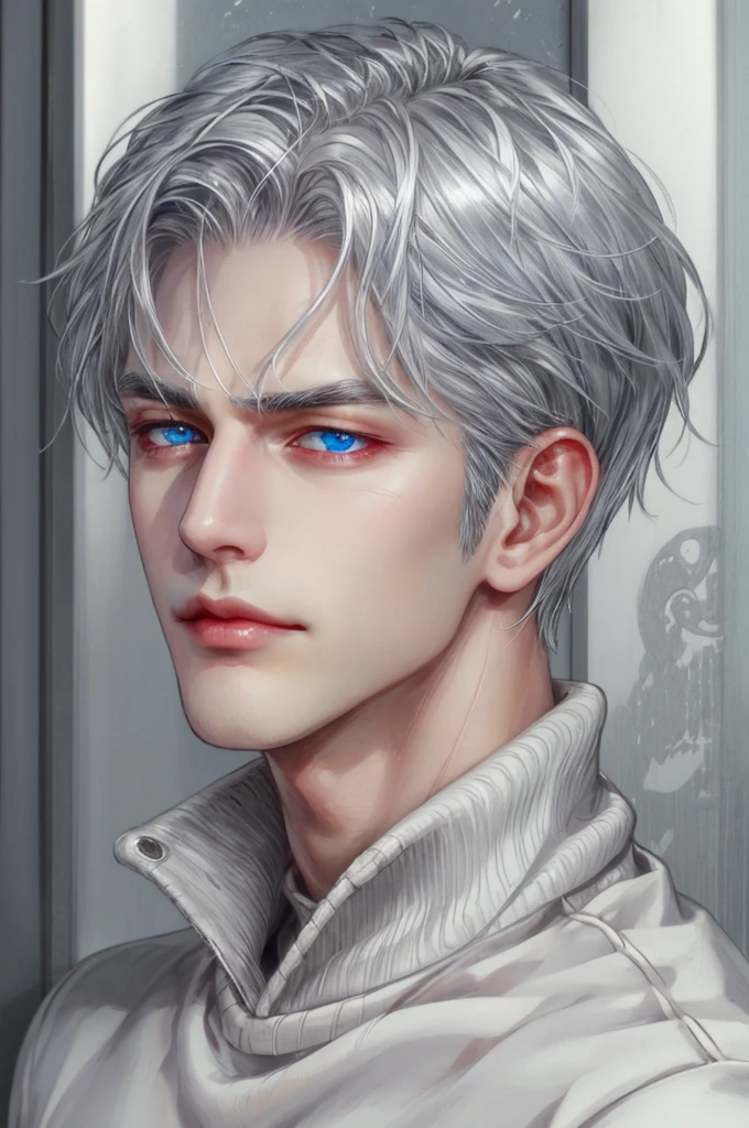 Boy, silver hair, blue eyes, serious sharp features, white skin, shiny lips, handsome, perfect, sweater