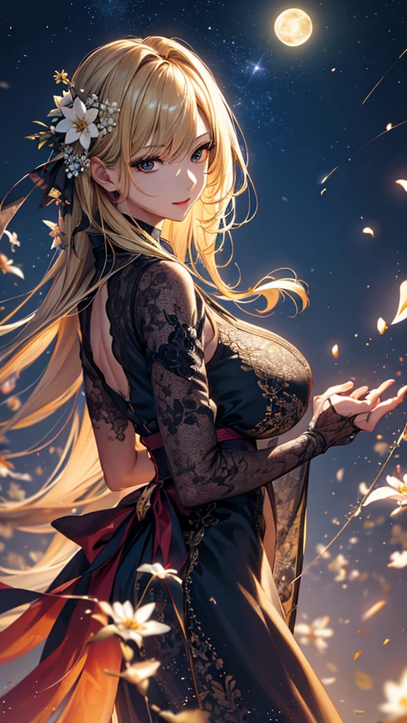 masterpiece, high quality, 4K, Beautiful design, silhouette,blonde, 非常に詳細な夜のStarry Sky,Flower Field, wonderful, Finer details, Very knowledgeable woman, Highly detailed solo, 1 female,Big Breasts,dress,Night view,Starry Sky,full moon,