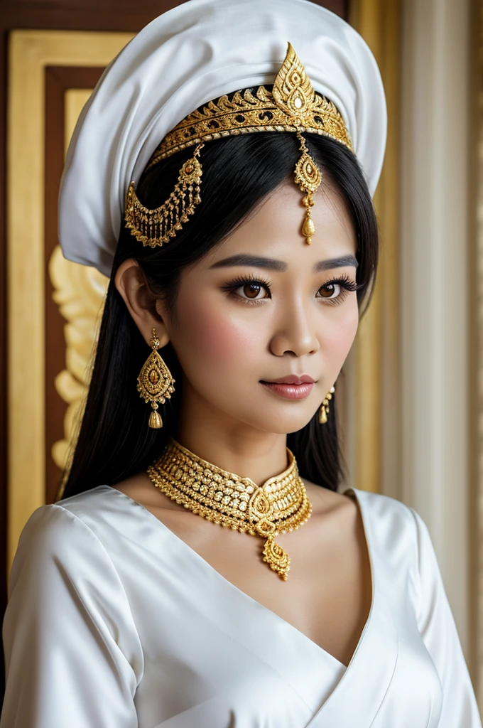 A dark-haired woman wearing a white traditional Thai dress with gold jewelry on her head.