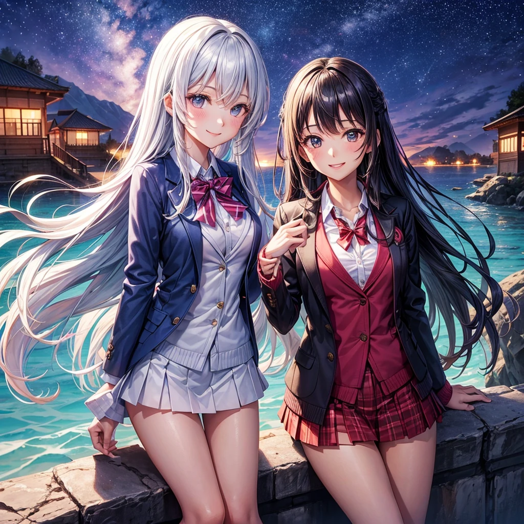 best quality,,smile,blazer,swimsuit,nepal,middle School girlultiple girls are depicted,harem,idol group,starry sky background,photo shoot,long hair,wearing a cardigan,beautiful girlの国,girl's paradise,highest quality,big breasts,leather jacket,happy girl,horny girl,blue eyes,perfect face,standing position,Swimwear,bikini,Ocean,She has her bangs down,fur jacket,Beautiful eyes,smooth hair,perfect eyes,beautiful girl,Angel Girl,multicolored hair colors,naughty girl,beautiful,High-dimensional beautiful girl,Multidimensional beautiful girl,gathering,Group、,classroom,School,