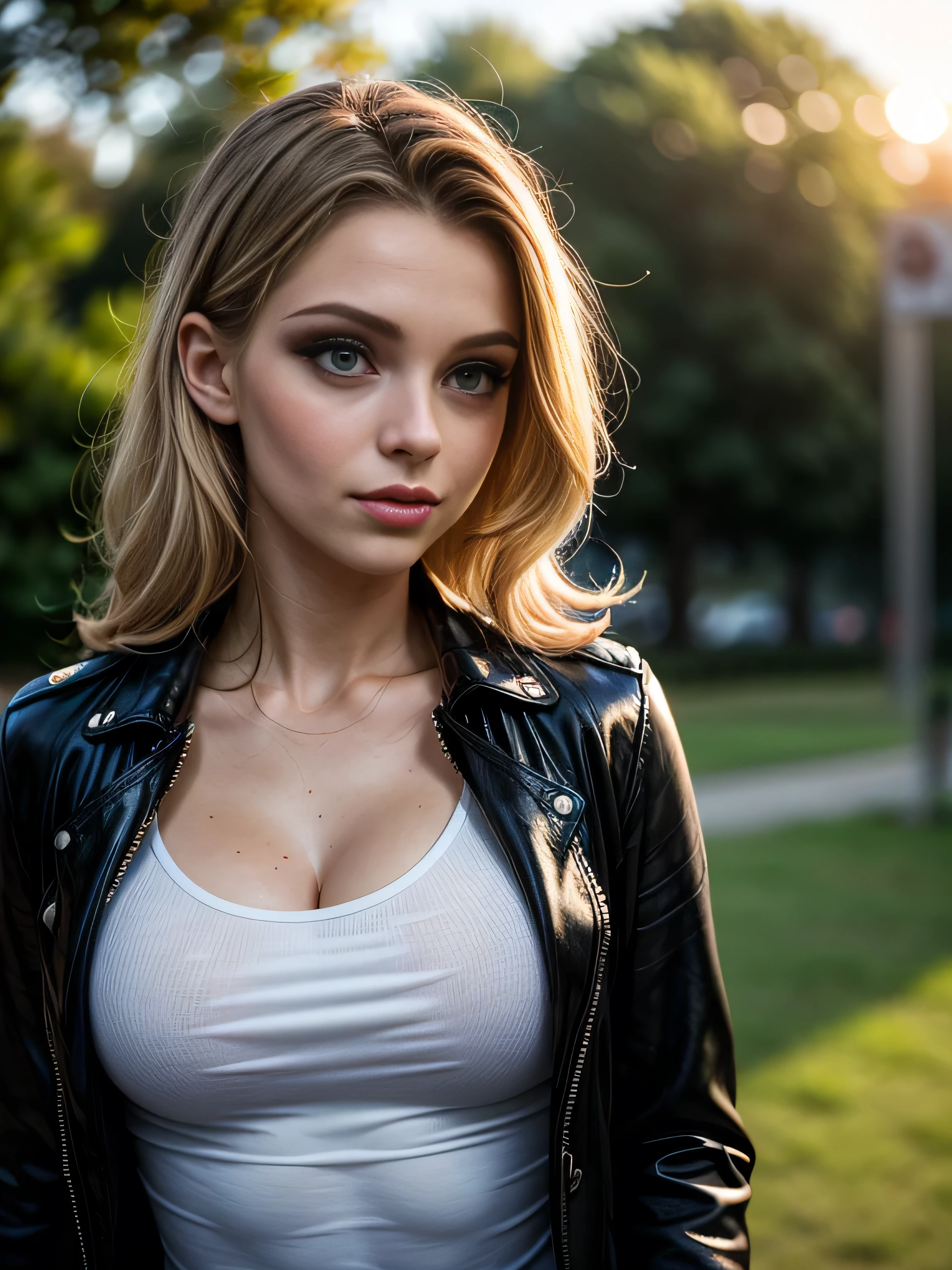 (masterpiece, photorealistic:1.4, extremely intricate:1.3, radiosity, photon mapping, dtx), ((20 year old muscular supermodel, ((25 years old), serious, long eyelashes, makeup:1.3), black leather trench coat, cleavage t-shirt, ((((chrome rivets)), side view:0.8)))), ((([skin detail:freckles:0.7], portrait, closeup))), outdoor, park, faraway lake, professional photograph, (long curly [blonde hair:orange hair:0.2], wind), BREAK ((sunset), bokeh, blurry background), BREAK, ((([medium breasts:large breasts:0.9])))