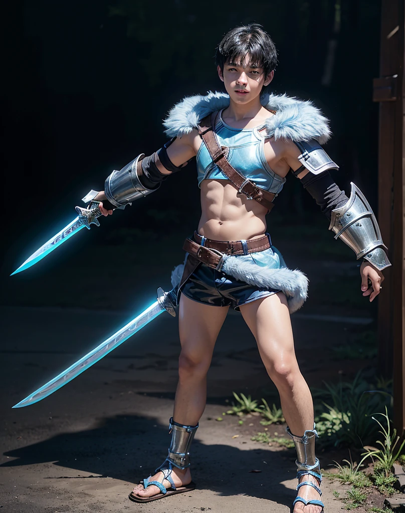 Young 13-year-old boy with black hair and brown eyes, innocent and happy, dressed in short neon-blue medieval barbarian clothes, fur shorts, light-blue battle armor, weilding silver sword and shield, sandals; fullbody; short hair, boyish athletic, sexy, medieval background