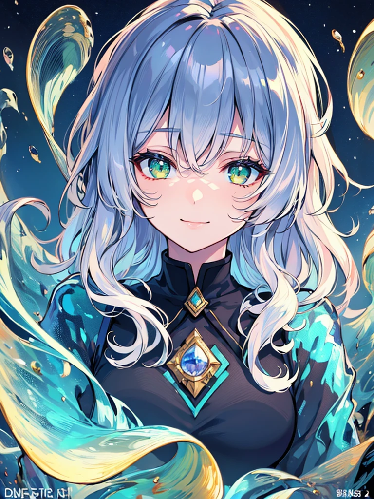 (masterpiece),(top-quality),(ultra-detailed),(high resolution),(in 8K animation),(beautifull detailed face),(beatiful detailed eyes),(anatomically correct),(Keep your head small),1girl,witch,white wavy hair,green eyes,(round eyes),bangs,smile,a lot of glowing particles,dreamcore,