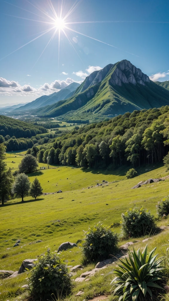 A very beautiful nature and a green mountain with rocky parts and a very beautiful sky and a sun