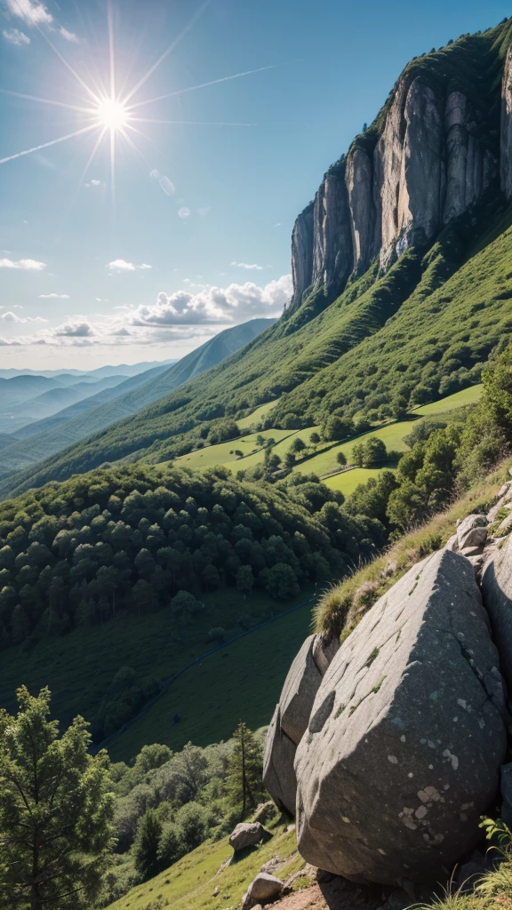 A very beautiful nature and a green mountain with rocky parts and a very beautiful sky and a sun