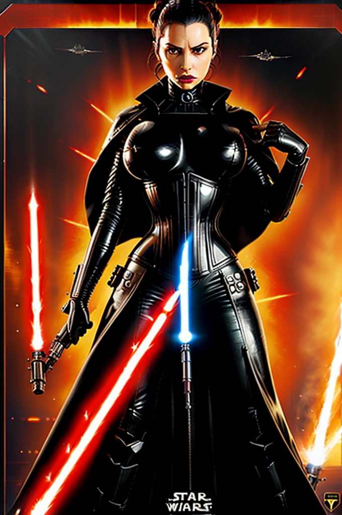 blockbuster movie poster, (star wars movie poster), female inquisitor, sith lady, woman wearing latex catsuit, latex corset, large breasts, holding lightsaber in hand