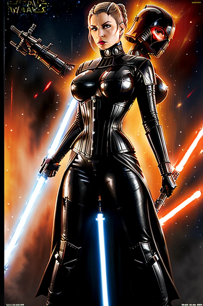 blockbuster movie poster, (star wars movie poster), female inquisitor, sith lady, woman wearing latex catsuit, latex corset, large breasts, holding lightsaber in hand