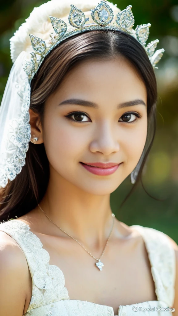 Indonesian girl, 18 years old, (masterpiece), Javanese skin color, best quality, expressive eyes, perfect face, (very realistic), (white wedding dress), diamond necklace, crown on head, Smile, Long Black Hair, innocent face, brown eyes , High resolution, masterpiece, Best quality, intricate high detail, highly detailed, sharp focus focus, detailed skin, realistic skin texture, texture, detailed eyes, professional, 4K, charming smile, filmed with Canon, 85 mm, depth shallow field , Kodak Vision Color, perfect fit body, Highly detailed, photo_\(ultra\), photorealistic, Realistic, Post-processing, Maximum detail, ruggedness, real life, ultra realist, photorealism, photography, 8K UHD, photography