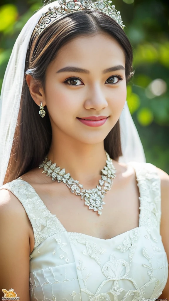 Indonesian girl, 18 years old, (masterpiece), Javanese skin color, best quality, expressive eyes, perfect face, (very realistic), (white wedding dress), diamond necklace, crown on head, Smile, Long Black Hair, innocent face, brown eyes , High resolution, masterpiece, Best quality, intricate high detail, highly detailed, sharp focus focus, detailed skin, realistic skin texture, texture, detailed eyes, professional, 4K, charming smile, filmed with Canon, 85 mm, depth shallow field , Kodak Vision Color, perfect fit body, Highly detailed, photo_\(ultra\), photorealistic, Realistic, Post-processing, Maximum detail, ruggedness, real life, ultra realist, photorealism, photography, 8K UHD, photography