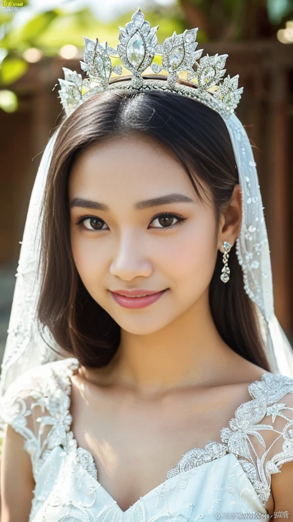 Indonesian girl, 18 years old, (masterpiece), Javanese skin color, best quality, expressive eyes, perfect face, (very realistic), (white wedding dress), diamond necklace, crown on head, Smile, Long Black Hair, innocent face, brown eyes , High resolution, masterpiece, Best quality, intricate high detail, highly detailed, sharp focus focus, detailed skin, realistic skin texture, texture, detailed eyes, professional, 4K, charming smile, filmed with Canon, 85 mm, depth shallow field , Kodak Vision Color, perfect fit body, Highly detailed, photo_\(ultra\), photorealistic, Realistic, Post-processing, Maximum detail, ruggedness, real life, ultra realist, photorealism, photography, 8K UHD, photography