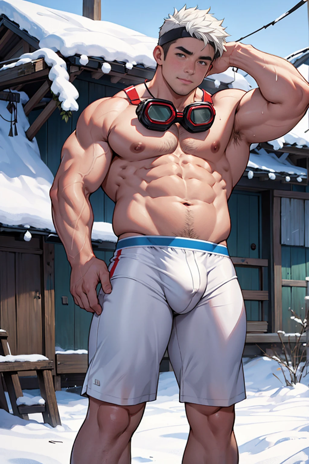 Draw a chubby cute boy，Stand in front of a hut in the snow。Goggles are worn on the forehead，Wear a tight white Calvin Klein men's underwear and curved legs.，The clothes are open to reveal the belly，Chubby 18 year old boy，The crotch protrudes，pupils，prominent pubis，Shy，The crotch protrudes，Protruding pubis，The crotch is raised