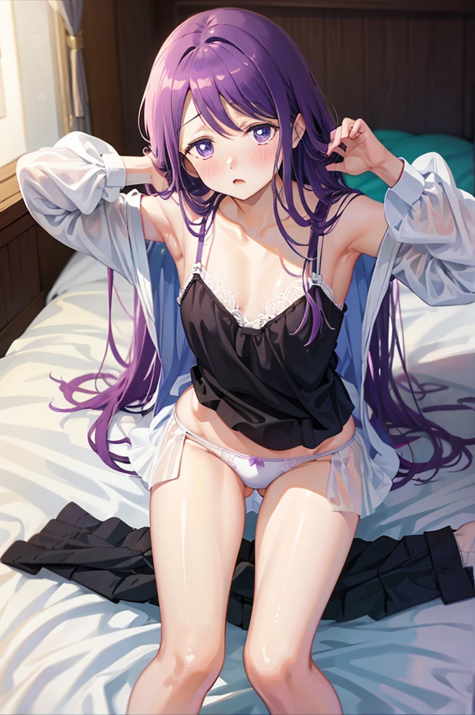 Wearing only underwear、Cute underwear、Embarrassed、Light purple hair、Semi-long hair、White bra、White panties、Lie down on the bed、Blushing、Raise your arms