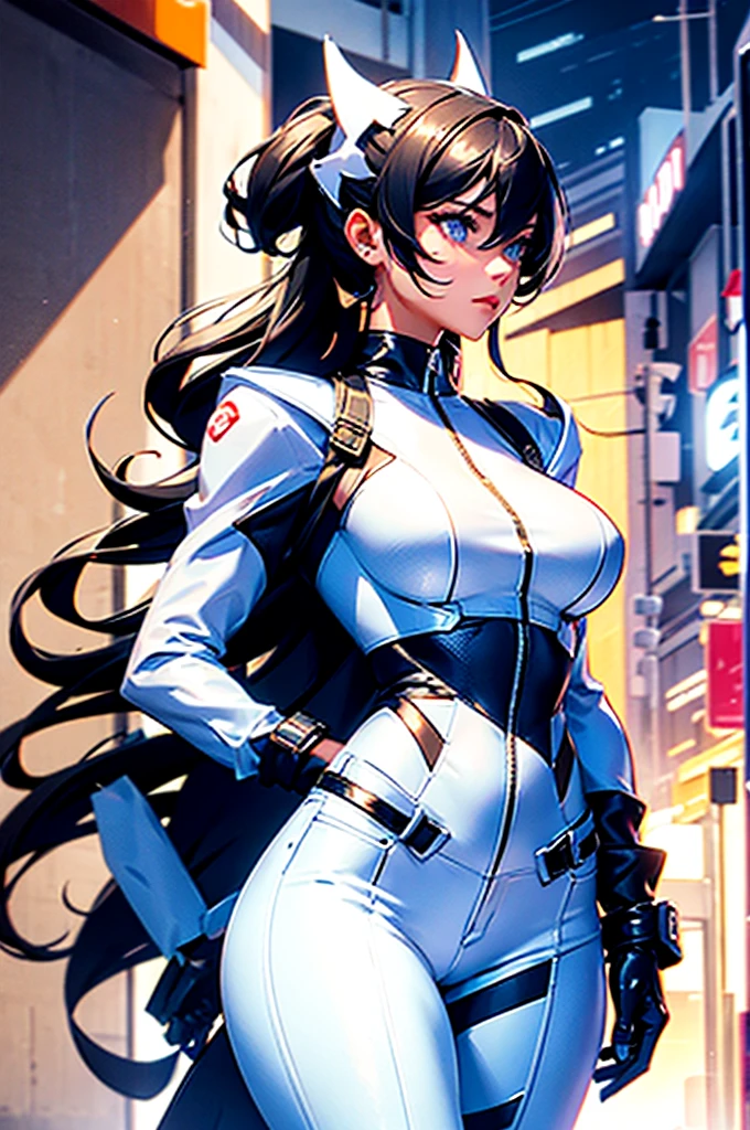 IMagine a image of The sun is setting, SHOW COMPLETE BODY, A young woman dressed CATWOMAN in a WHITE clothes , JEANS PANTS AND JACKET WHITE. The outfit accentuates her curves, and her confident posture radiates her inner strength, perfect and detailed BEAUTIFUL WOMAN, Alone with WHITE NINJA HEAD MASK WITH CATWOMAN STYLE EAR, dressed in a tight-fitting WHITE SHIRT, JEANS PANTS AND JACKET WHITE outfit. HIS LEFT ARM HAS A METALLIC GAUNTLET. DRESSED IN WHITE TIGHT CLOTHES. she APPROACHES TO HIS CAR (a Nissan Sentra), we can see your car from behind. we can see her walking towards the warehouse, show the woman from behind we can see her walking towards the warehouse show her whole body, IN BACKGROUND a warehouse in a bad part of town