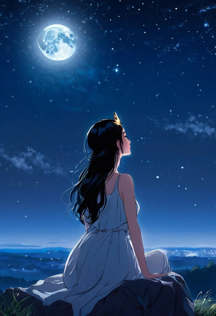 universe (sky), girl in the center, con brillo estrellas en el sky, evening, 1 black hair girl with crown,evening sky, Alone, outdoor,, wide, looking at the moon in profile,moon