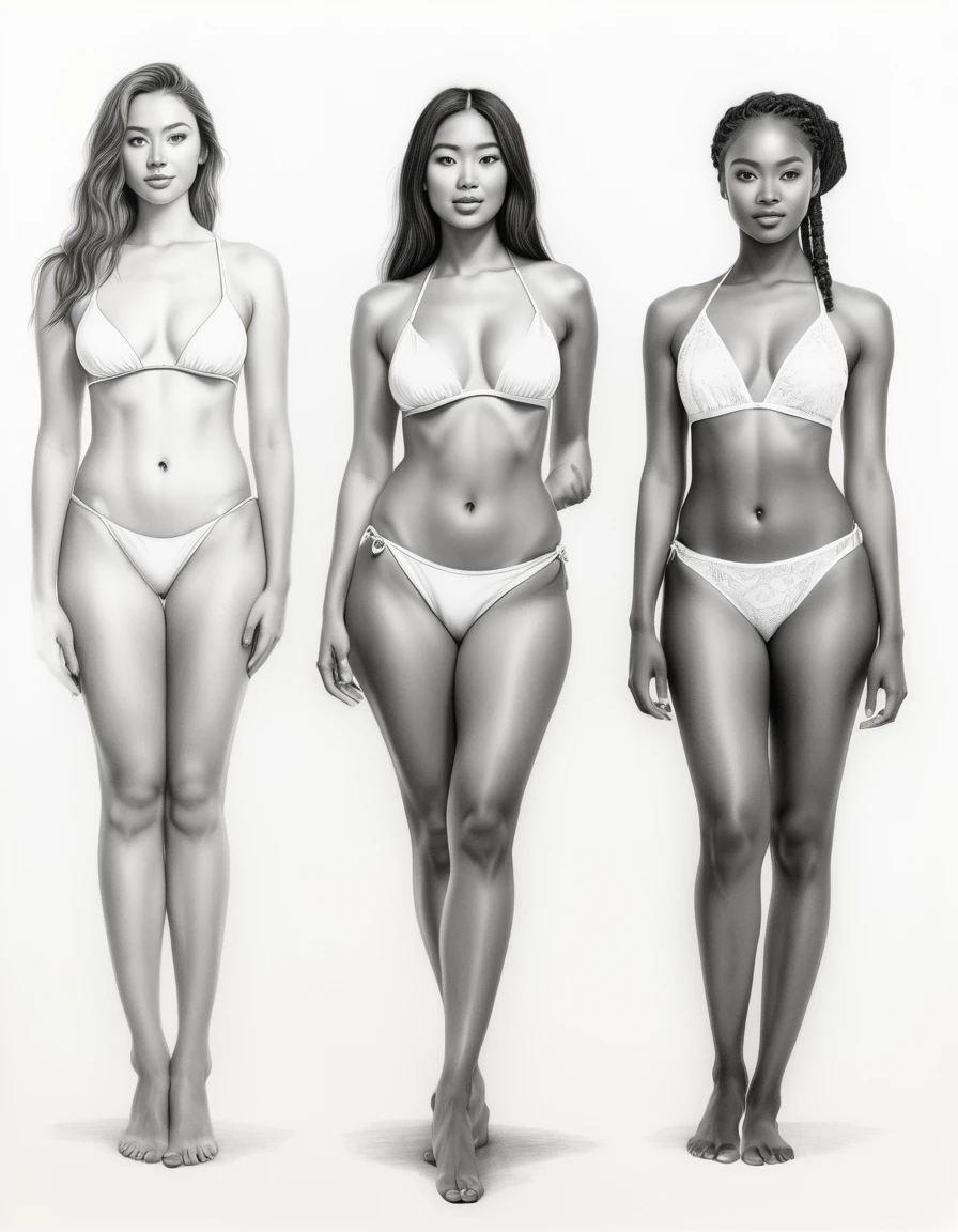 Graphite pencil drawing of the three women standing, full body, front view, of different ethnicities (European, Asian and African), wearing white bikini, white background