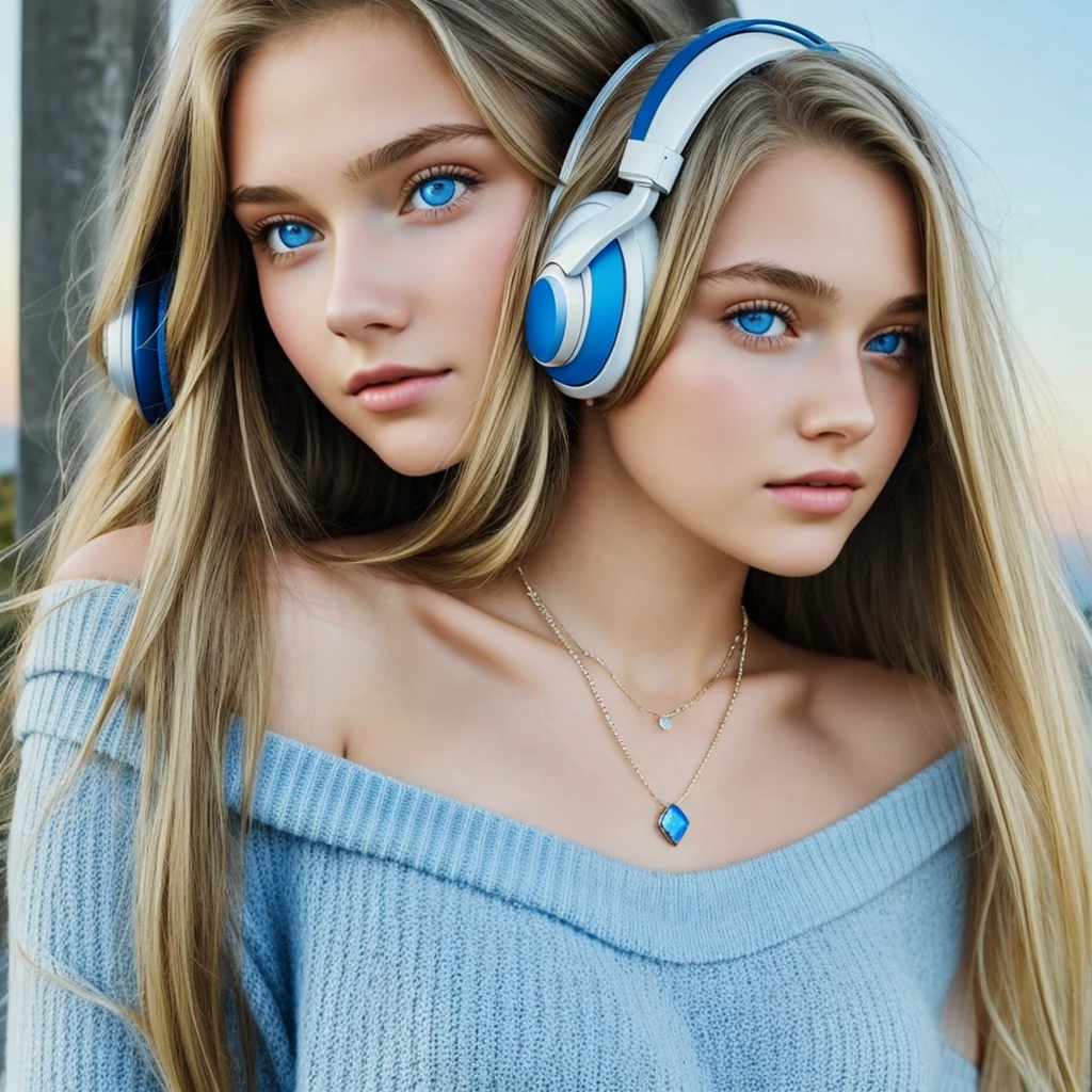 One Girl, Age 15age, alone, Long Hair, huge , View your viewers, Blonde, Bare shoulders, Blue eyes, gem, whole body, necklace, Off the shoulder, sweater, Realistic, Sexy、headphone,dj