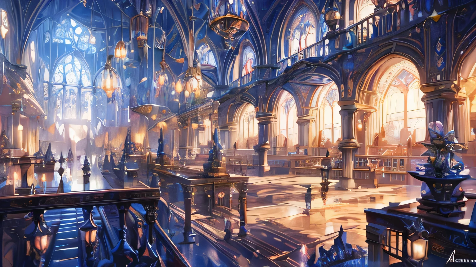 Library of the School of Magic aze, Thomas Kinkade, Aaron Wiesenfeld、Beksinki、Adrian Eversen、Gedimins Plankevicius、Escher, Intricately refined textures, Matte painting details, Deep Color, wonderful, Intricate details young wizards at the Royal Academy of Magic using