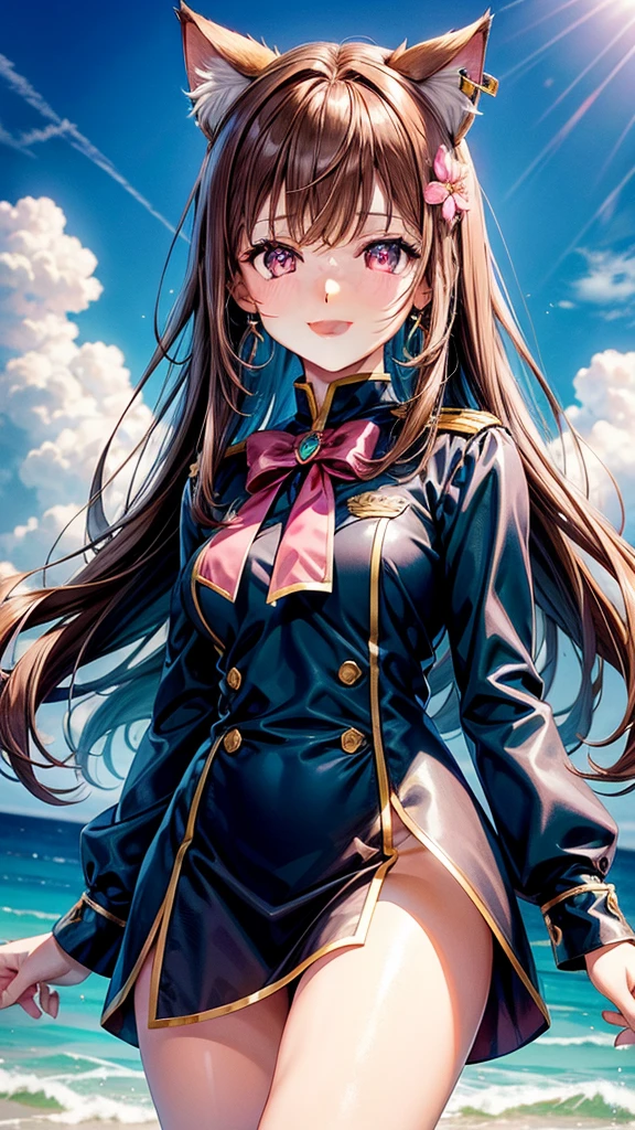 Brown hair, pink eyes, body, cat ears, adult girl, earrings, flower sky background, aqua blue gold uniform, hair bows, happy face, thigh up, holding cat