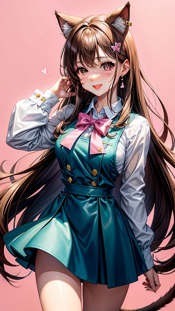 Brown hair, pink eyes, body, cat ears, adult girl, earrings, flower sky background, aqua blue gold uniform, hair bows, happy face, thigh up, holding cat