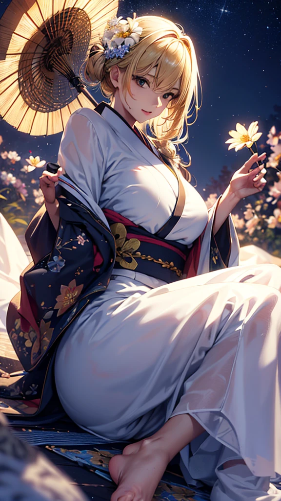 masterpiece, high quality, 4K, Beautiful design, silhouette，blonde， 非常に詳細な夜のStarry Sky,Flower Field， wonderful, Finer details,  Very knowledgeable woman, Highly detailed solo, 1 female,Big Breasts，Butt Emphasis，Underwear Line，Yukata in white color，Night view，Starry Sky，full moon，How to sit，