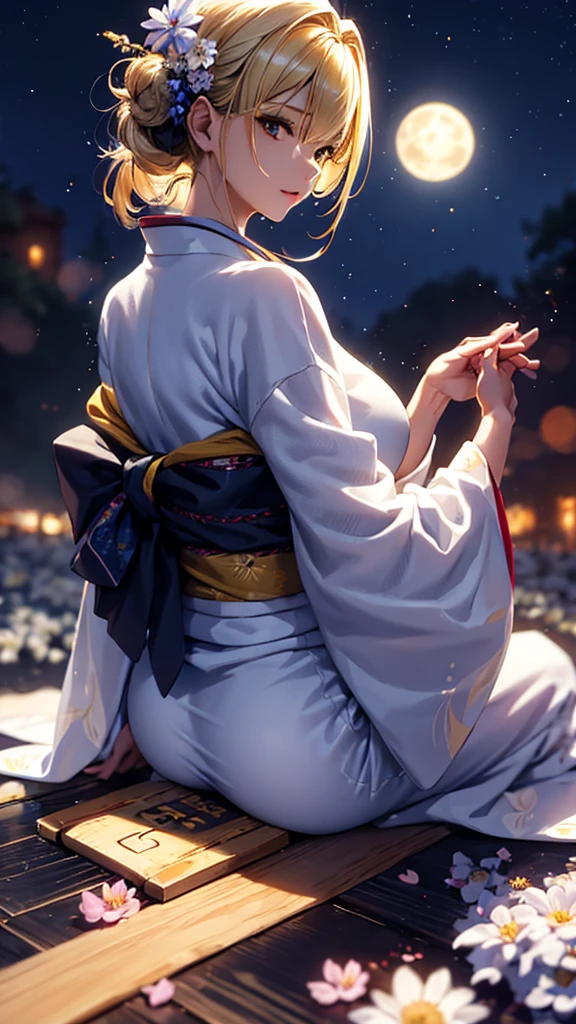 masterpiece, high quality, 4K, Beautiful design, silhouette，blonde， 非常に詳細な夜のStarry Sky,Flower Field， wonderful, Finer details,  Very knowledgeable woman, Highly detailed solo, 1 female,Big Breasts，Butt Emphasis，Underwear Line，Yukata in white color，Night view，Starry Sky，full moon，How to sit，