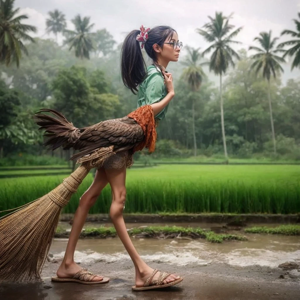 Chicken with human legs wearing sandals cow tail palm fiber long hair woman wearing glasses 