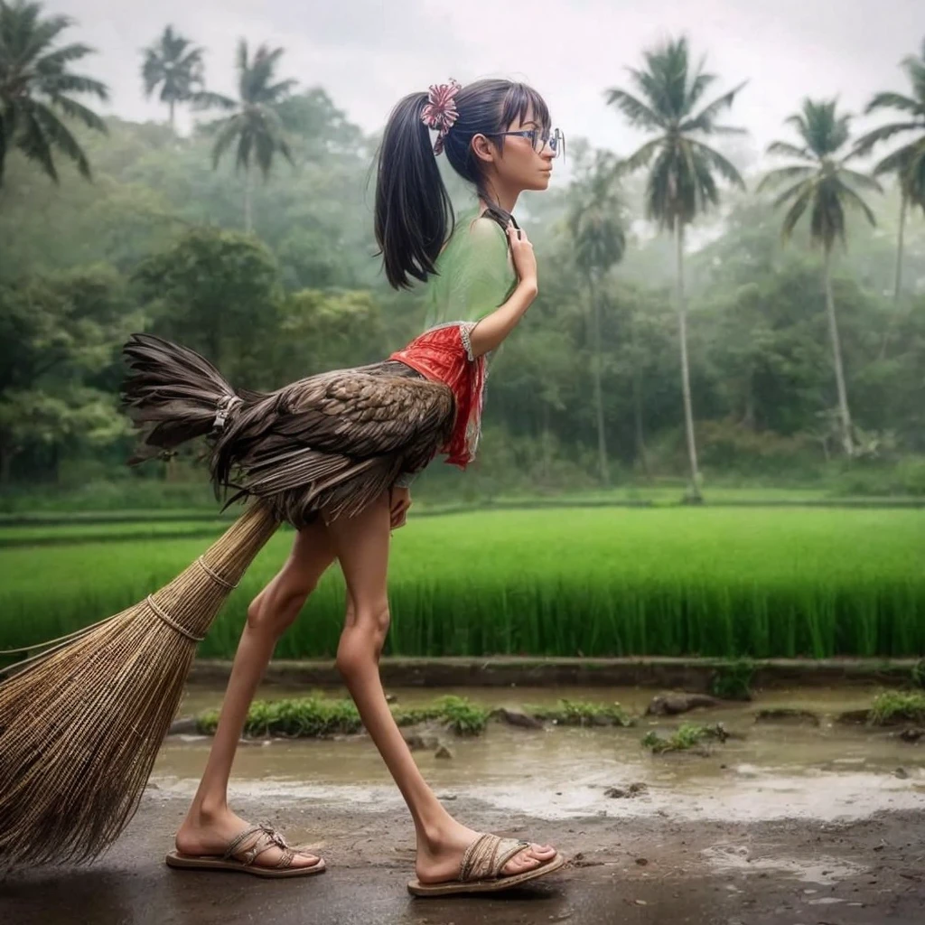 Chicken with human legs wearing sandals cow tail palm fiber long hair woman wearing glasses 