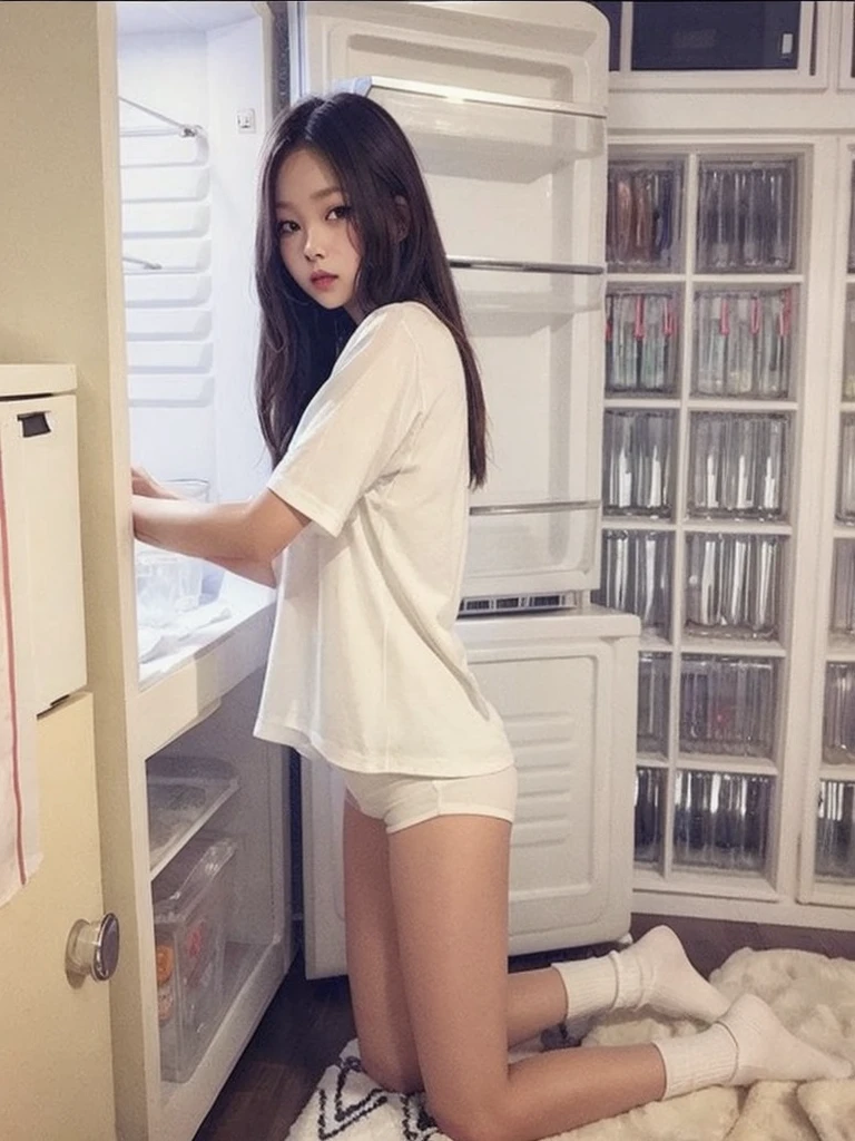 Korean beautiful girl sitting on a stool, wearing pink shirt bottomless naked, background bar.