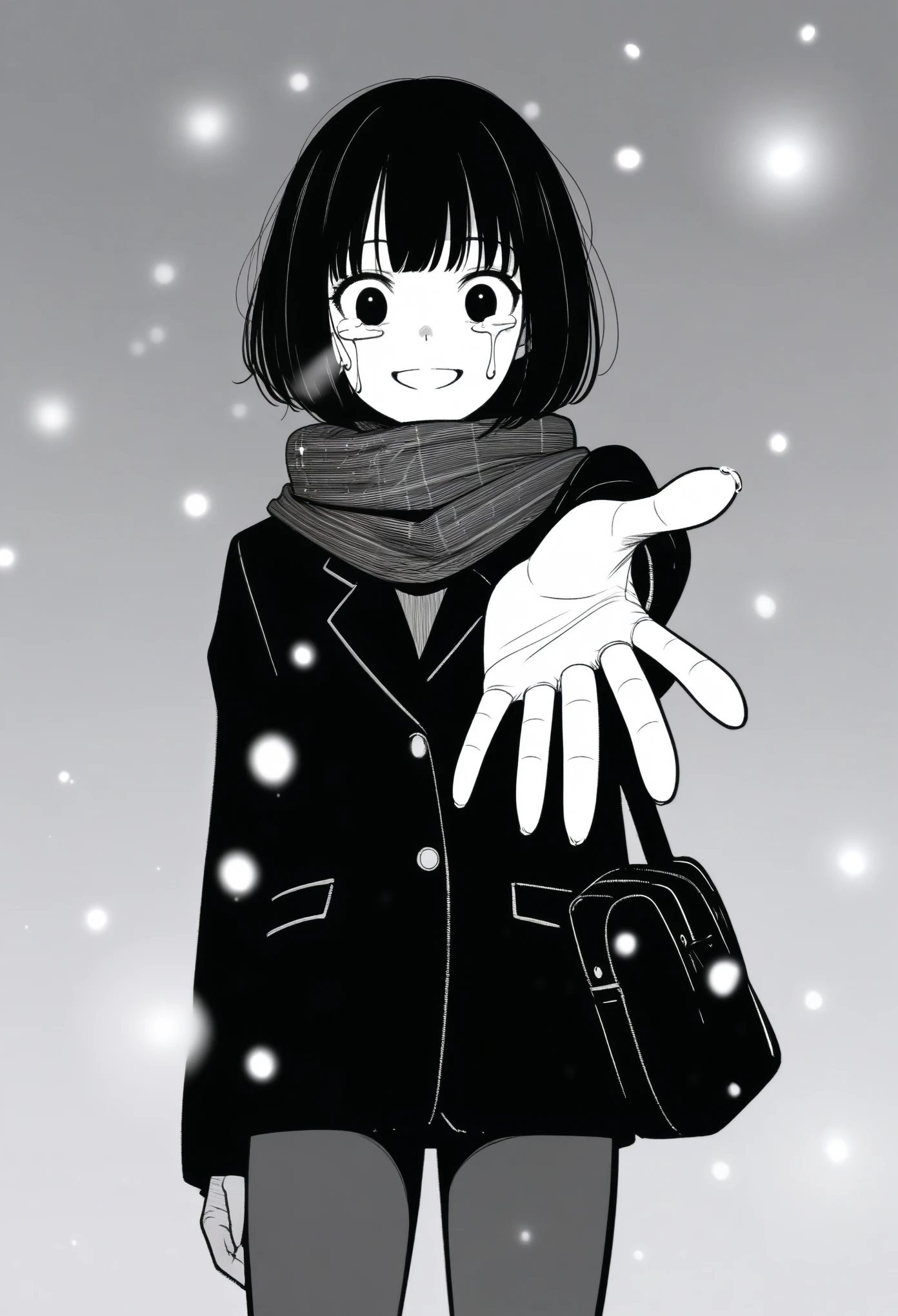 masterpiece, best quality, 1girl, mamerakkkkko, grayscale, manga style, japanese, chi no wadachi, black eyes, street, iced, black hair, schoolbag, smile, lineart, black coat, black scarf, black pleated skirt, leggins, centered, 18 years old, tall, fair skinned, bokeh background, crying, tears, tears streaming, bob cut, light particles, centered, snowing, (((reaching out left hand to viewer, perfect hand, detailed hand:1.1))