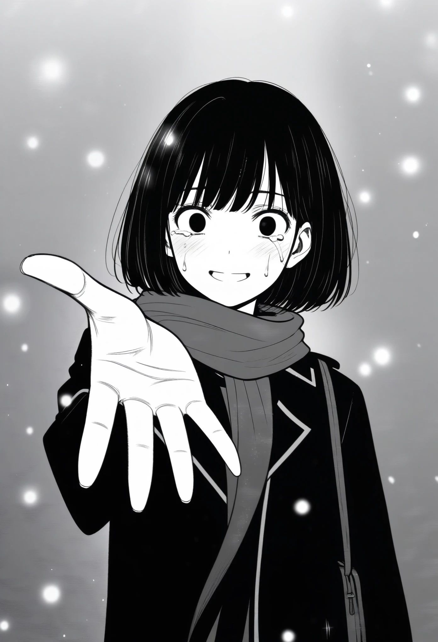 masterpiece, best quality, 1girl, mamerakkkkko, grayscale, manga style, japanese, chi no wadachi, black eyes, street, iced, black hair, schoolbag, smile, lineart, black coat, black scarf, black pleated skirt, leggins, centered, 18 years old, tall, fair skinned, bokeh background, crying, tears, tears streaming, bob cut, light particles, centered, snowing, (((reaching out left hand to viewer, perfect hand, detailed hand:1.1)), emotional anime scene
