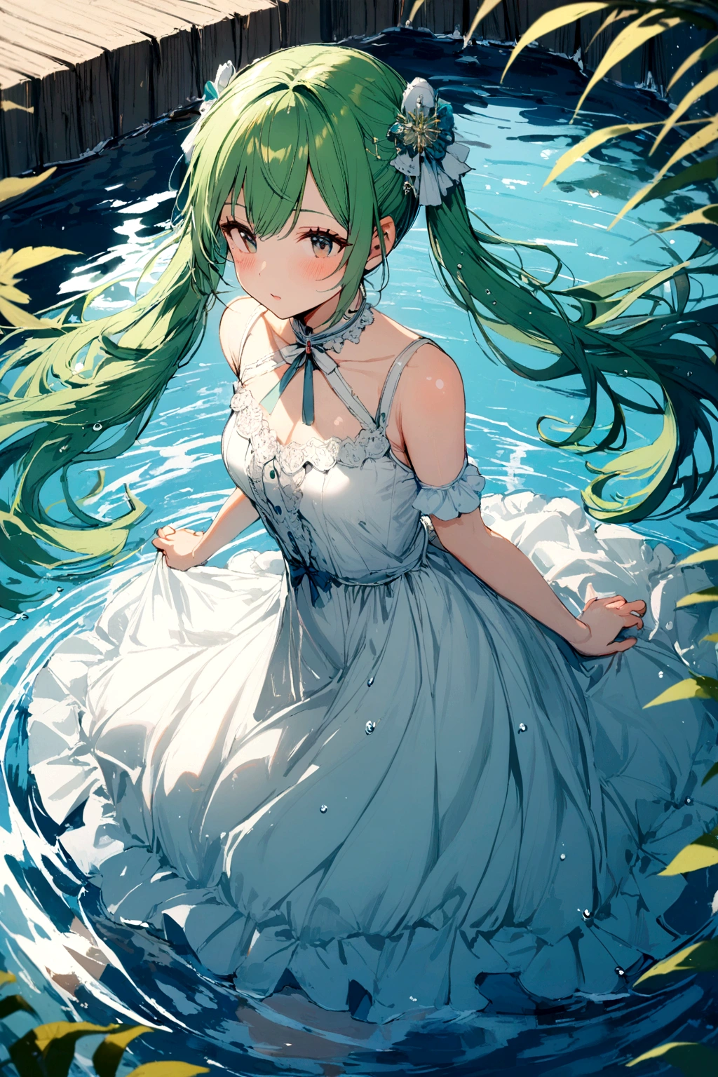 1girl, solo, hair ornament, green hair, twintails, long hair, dress, water