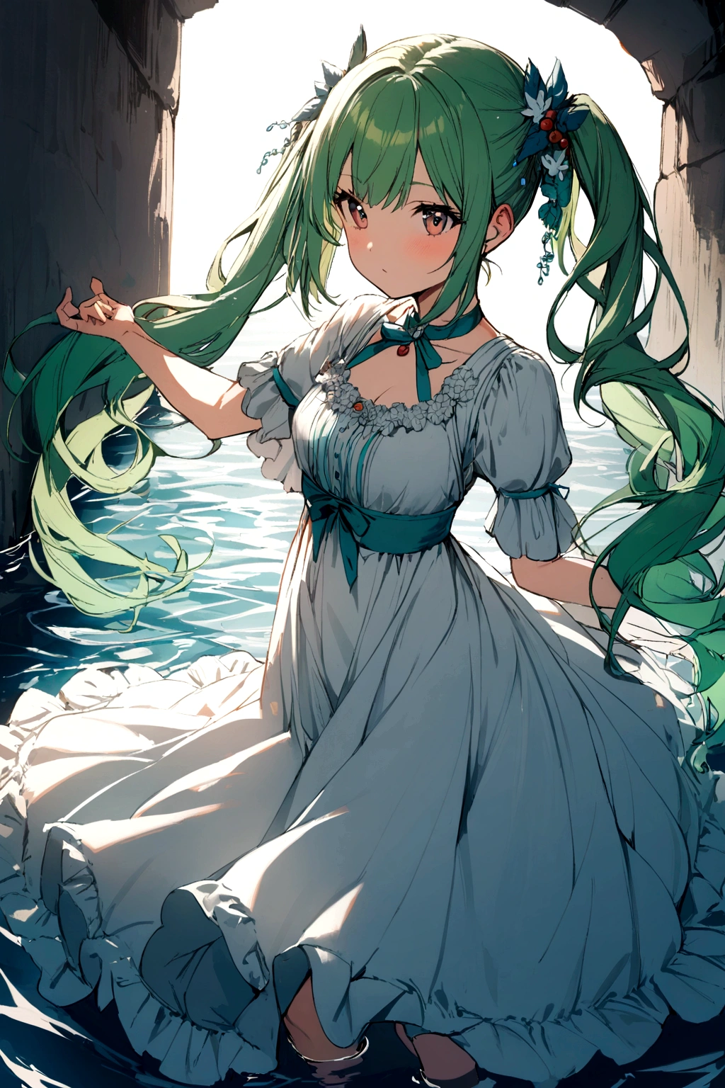 1girl, solo, hair ornament, green hair, twintails, long hair, dress, water