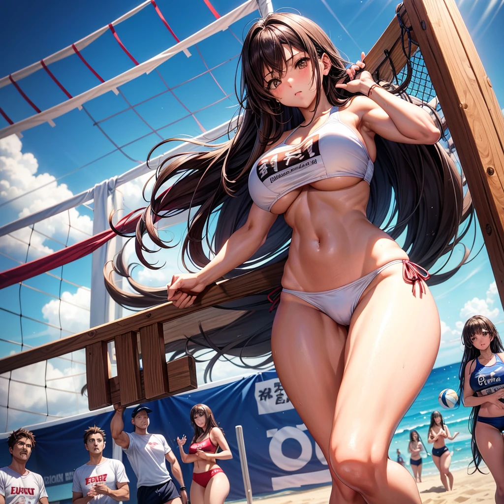 / Brown eyes, long dark hair, / / girl with、lighting like a movie、The bikini、beachvolley、Shoot spikes、beach volley ball、sprmp、(thighs thighs thighs thighs:1.5)、huge tit、jump、shoutt、