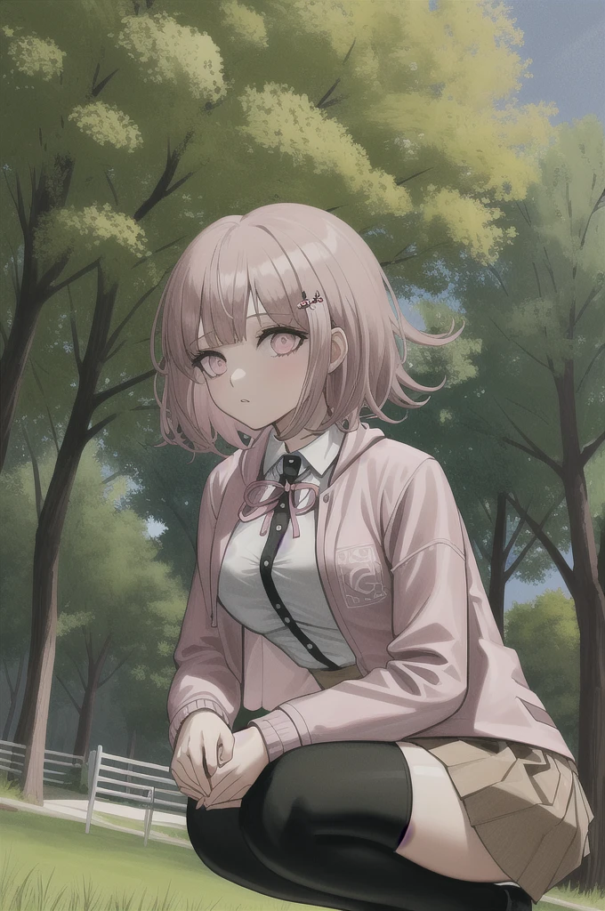 1girl, solo, hair ornament, shirt, jacket, ribbon, skirt, dress shirt, pink ribbon, open clothes, pleated skirt, white shirt, neck ribbon, collared shirt, hood, open jacket, bag, black jacket, long sleeves, shirt tucked in, brown skirt, hairclip, two-tone shirt, hooded jacket, breasts, medium hair, (black thighhighs), (pink footwears), cowboy shot, (perfect hands), squatting, outdoors, park, tree, sky, looking at viewer,