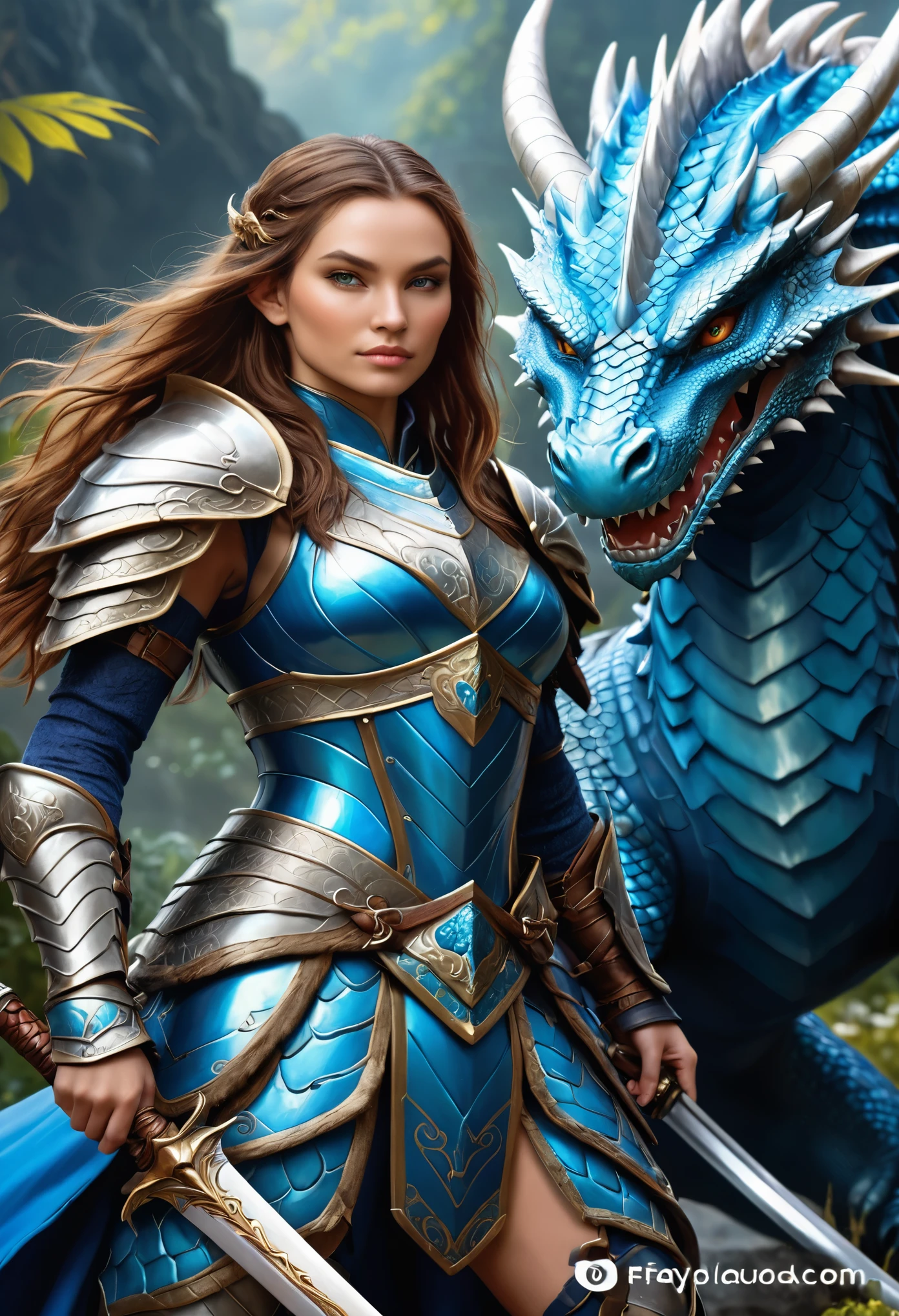 arafed woman in armor and armor with sword and dragon, dragon inspired blue armor, fantasy inspired dragon armor, 4k fantasy art, legend of the cryptids, graphic artist magali villeneuve, 4 k detail fantasy, detailed fantasy art, trending digital fantasy art, epic fantasy art style hd, dragon inspired armor, fantasy paladin woman, blue armor