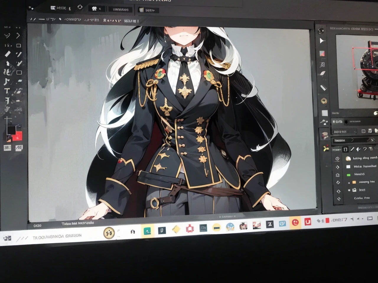 a millitary general with black and white hair, a red and green clockwork eyes.