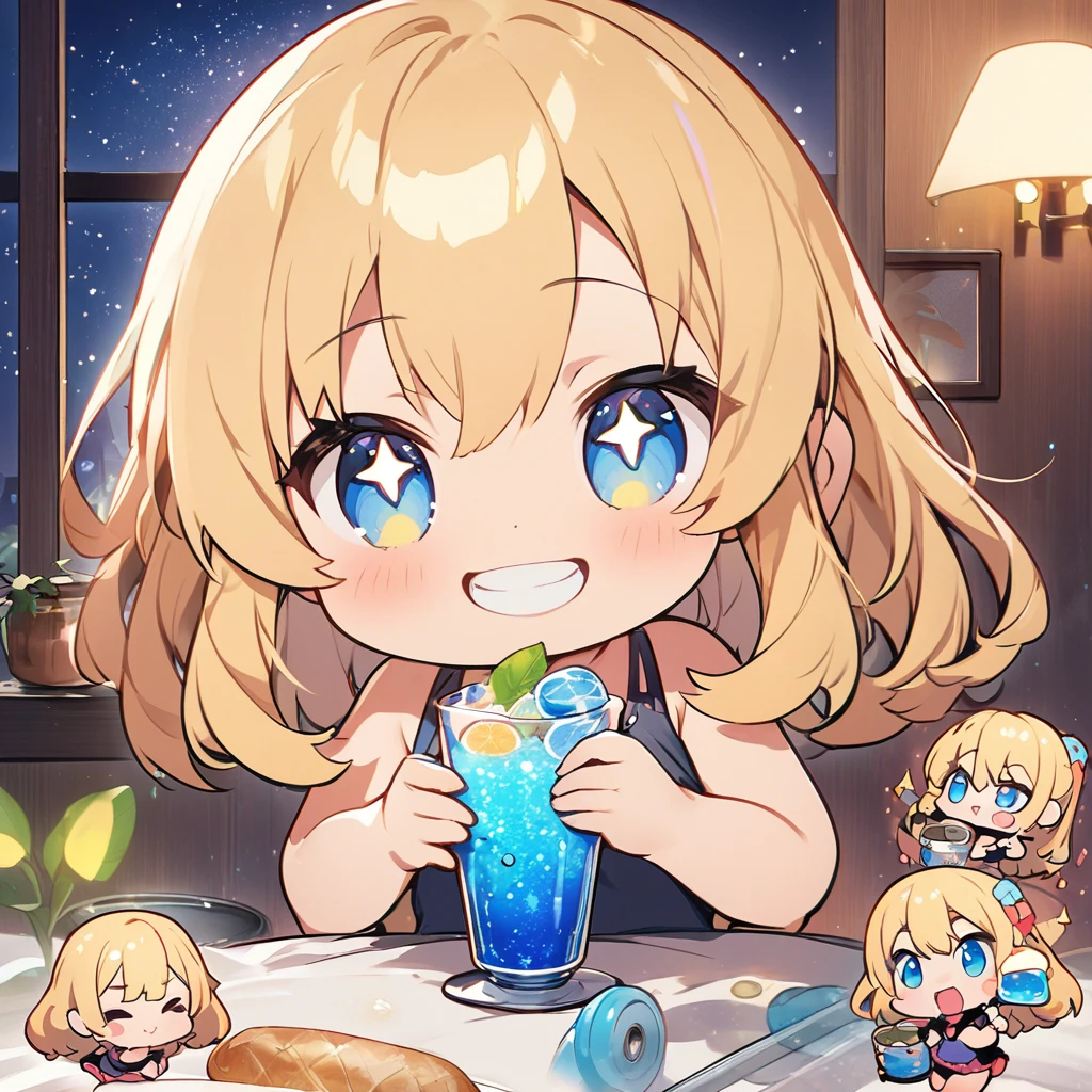 masterpiece、Highest quality、Depth of subject、２D illustration、1 beautiful girl、独奏, (((chibi style)))、((night)), ((window)), ((starry sky)), Long, beautiful hair、shiny blonde hair、cute、Beautifully detailed eyes、((Tank top))、a glass of blue soda, ((colorful))、mini skirt、((happy smile))、((Canned Chuhai)), ((close up shot))、((eating beefsteak)), ((in the room))、((There&#39;s a lot of pink around))、Thighs、((vivid color))、sparkle、((Lens flare))、
