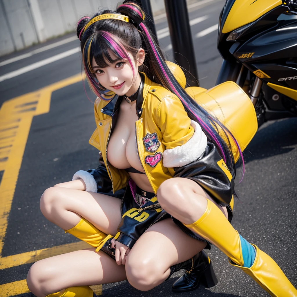 best quality,In 4K,beautiful girl,gravure idol,Model,smile,highest quality,big breasts,hyper real stick、She has her bangs down,beautiful girl,Maid clotheasterpiece,perfect face,perfect breasts,long hair,Outstanding style,stimulating,Cute outfits,Horny girl,double eyelid,Naughty Girls,Erotic and cute,mini skirt,ribbon on uniform,colorful hair color,yellow eyes,leather jacket,horny girl,Knee-high boots,
Colorful,multicoloured,future fashion,smile,,zipper bra,Multicolored clothing