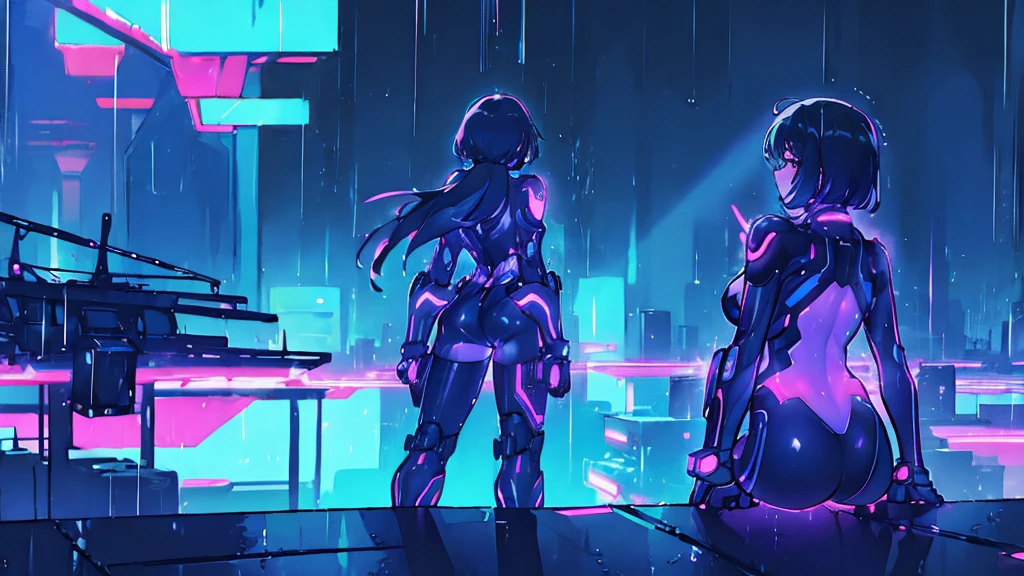 woman、Back view、Neon City、Cyberpunk City, Futuristic, heavy rain, 8K, アニメ壁紙 8K, Absurd, Super sharp, night, street, Japan, Blue atmosphere, raindrop, Rain-soaked body