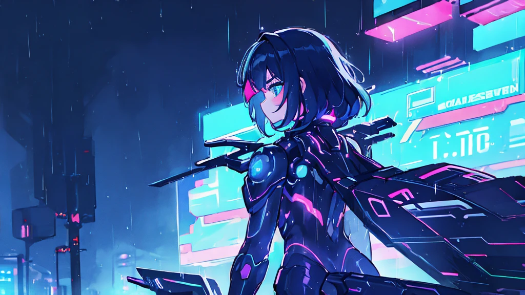 woman、Back view、Neon City、Cyberpunk City, Futuristic, heavy rain, 8K, アニメ壁紙 8K, Absurd, Super sharp, night, street, Japan, Blue atmosphere, raindrop, Rain-soaked body